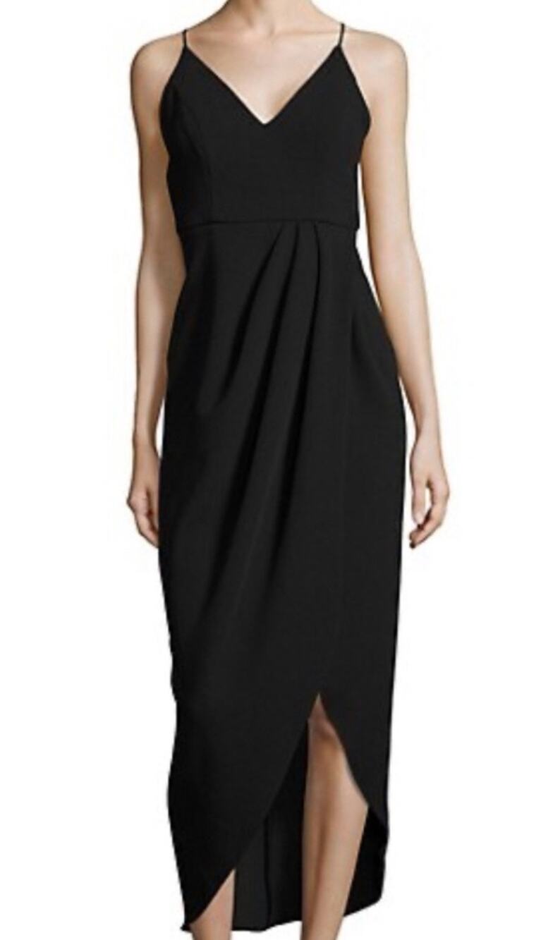 Xscape Side Wrap Tulip Hem Crepe Midi Dress In Black. Size 6